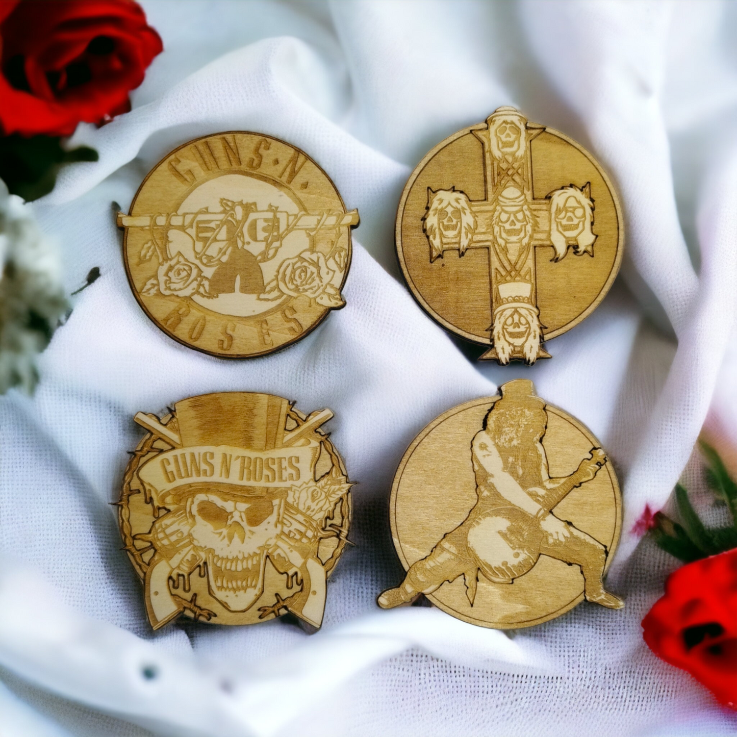 Set of 4 Guns and Roses Wooden Coasters - Handmade Gift - Housewarming - Wood Kitchenware
