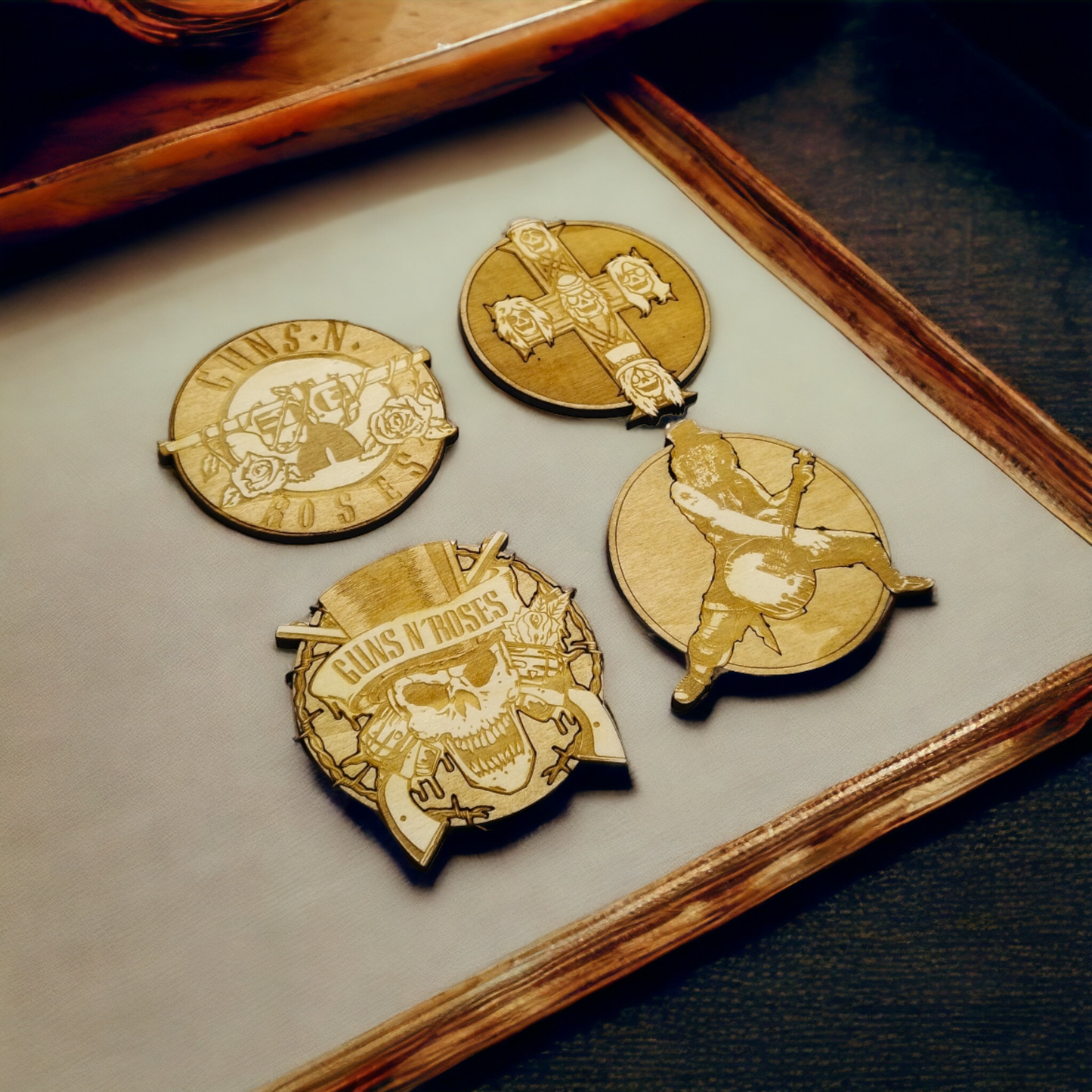Set of 4 Guns and Roses Wooden Coasters - Handmade Gift - Housewarming - Wood Kitchenware